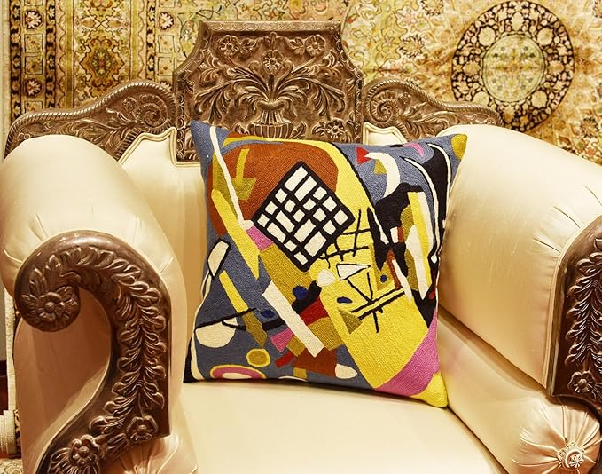 Abstract embroidered pillow cover, multicolor geometric artwork on dark base