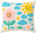 Handmade cotton throw pillow cover with cute sun, clouds, and flowers in blue and yellow