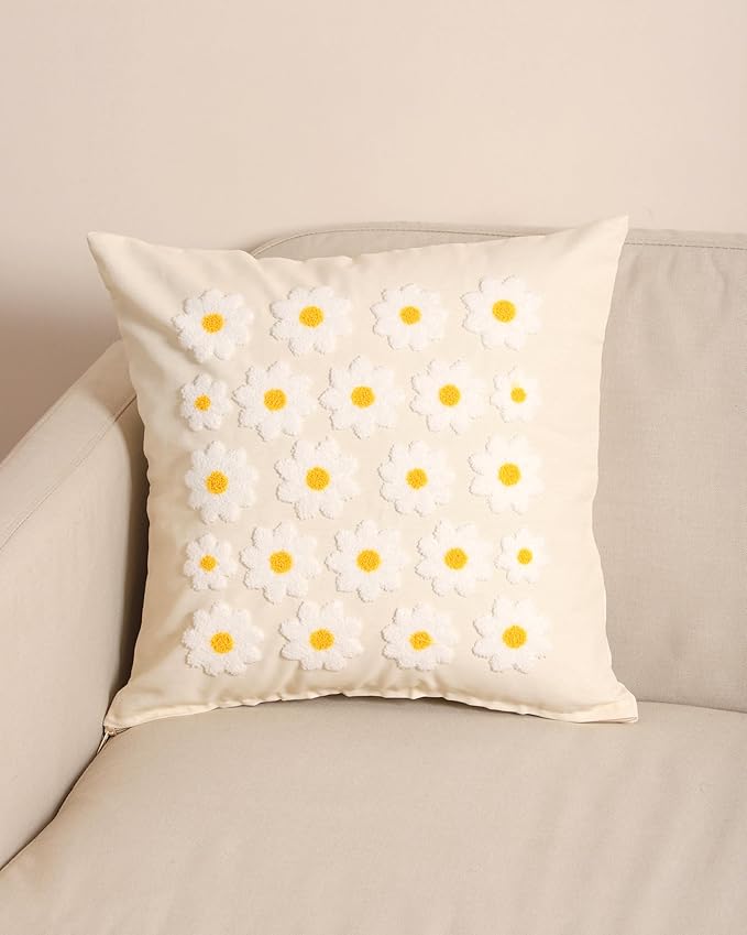 Square daisy pillow cover in cream white, small yellow-centered flowers with raised texture