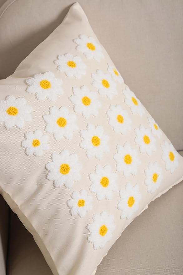 Daisy accent pillow cover, cream white with embroidered white flowers and yellow centers