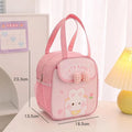 Pink insulated animal lunch bag with bow front pocket and carry handle, size diagram shown
