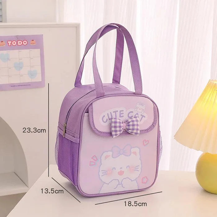 Purple insulated animal lunch bag with bow front pocket and cat illustration, size diagram shown