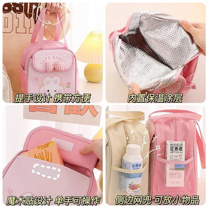 Pink insulated animal lunch bag with silver foil inner lining and mesh side pocket