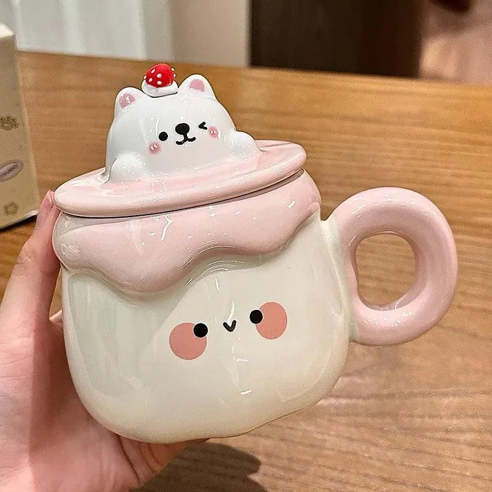 Ceramic cat pudding mug with pink lid and strawberry topper, pink side handle