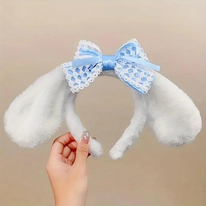 White and blue bunny ears headband with lace bow and plush ear covers