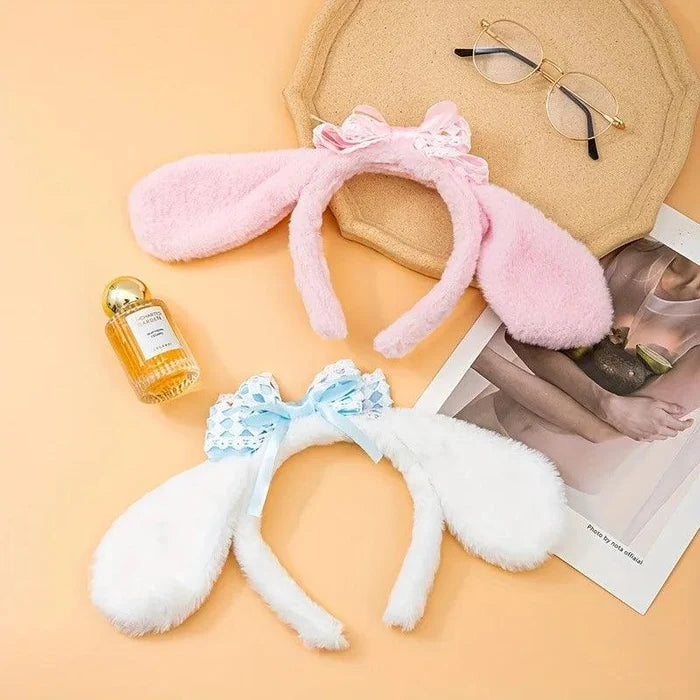Bunny ears headband set with pink and white-blue plush ears and lace bows