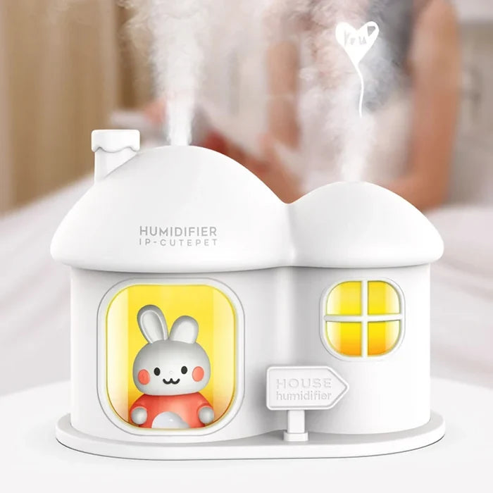 Kawaii Bunny House Humidifier Night Light – 7-Colour LED Cute Desktop Humidifier | Pink & White