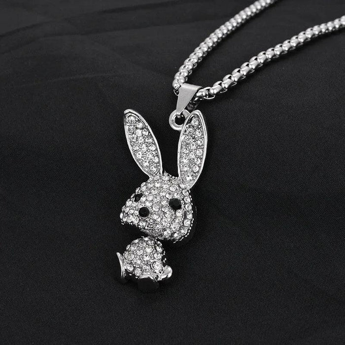 Rhinestone bunny pendant necklace with silver-tone chain and dangling bunny charm