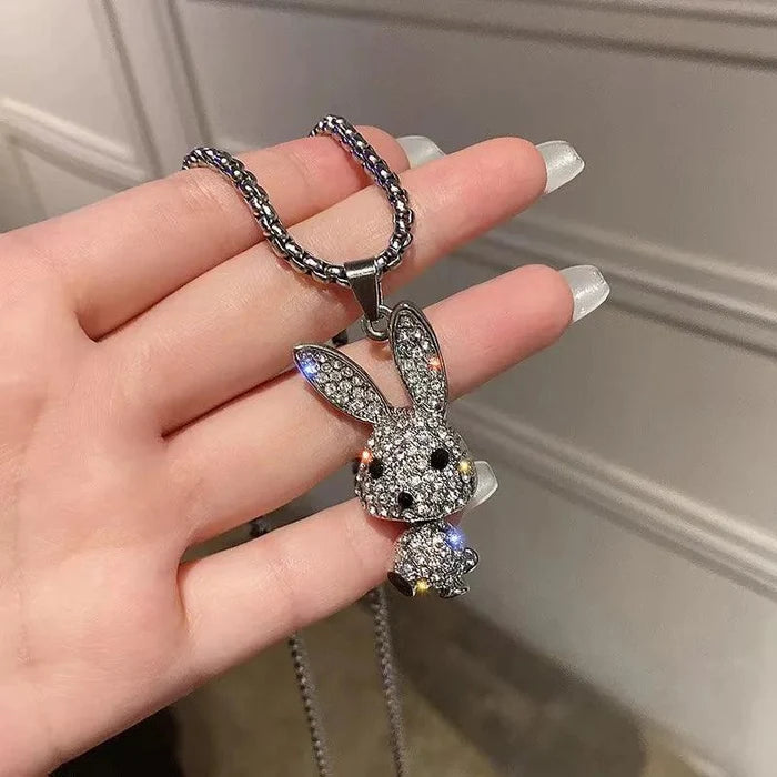 Rhinestone bunny pendant necklace with silver-tone chain and multicharm rabbit front