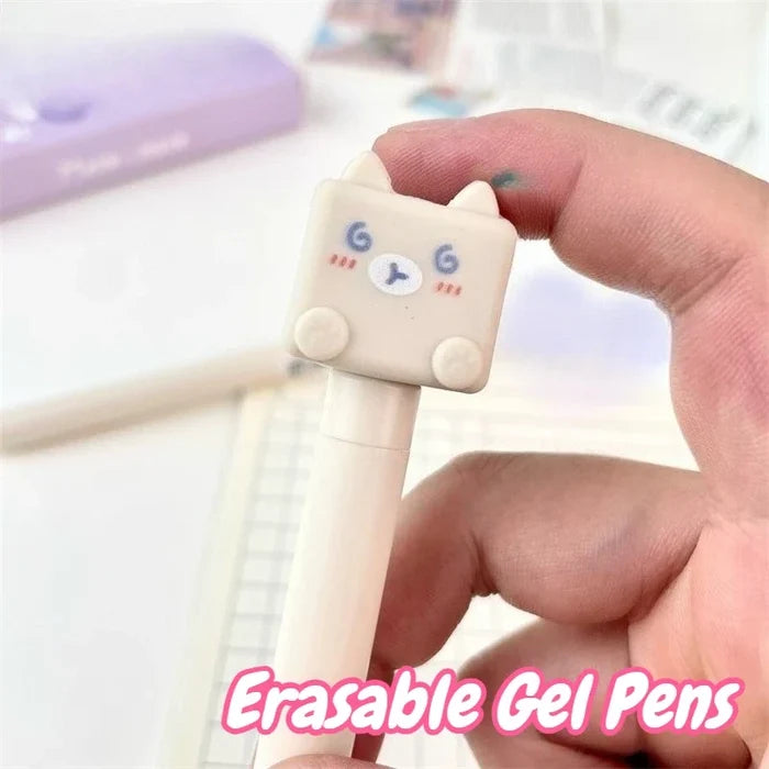 Kawaii Cat Erasable Gel Pens – Cute 4-Piece Stationery Set | Blue Erasable Ink