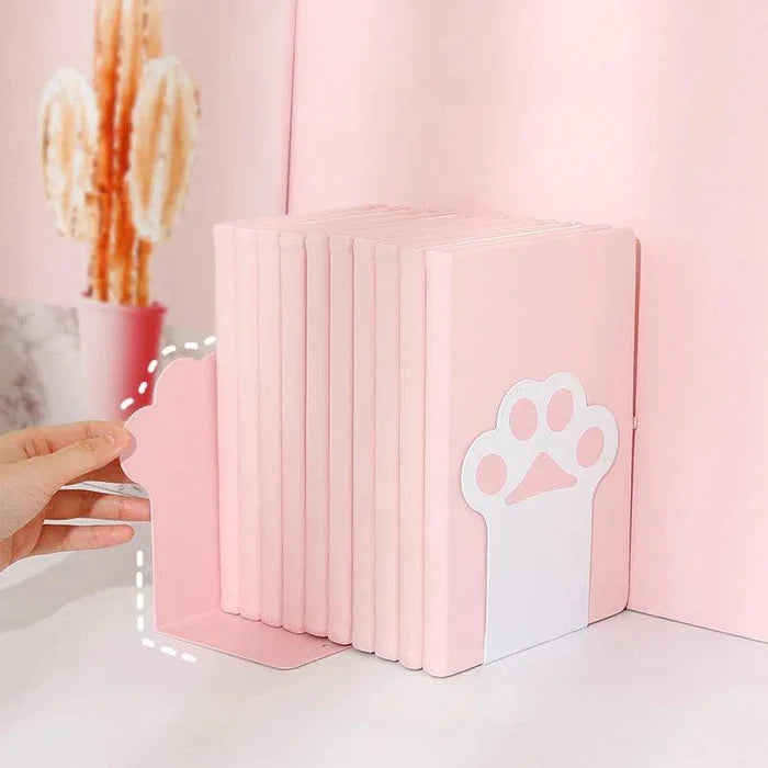Cat paw bookends in light pink with white paw cutouts, two-piece desk display