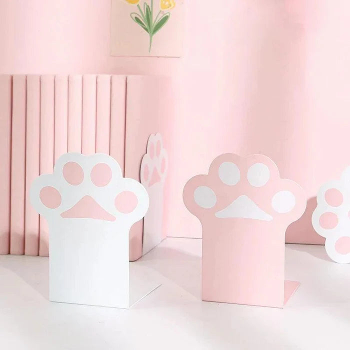Cat paw bookends set with white paw icons and pink backing, shelf or desk use