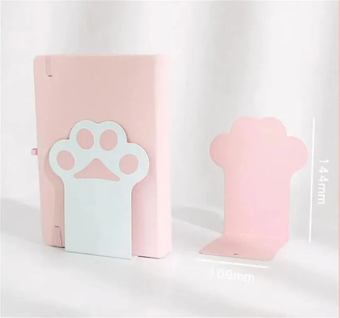 Cat paw bookends, light pink and white paw-cutout designs, two-piece set