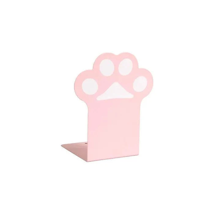 Pink cat paw bookend stand with white paw emblem and round paw pad cutouts