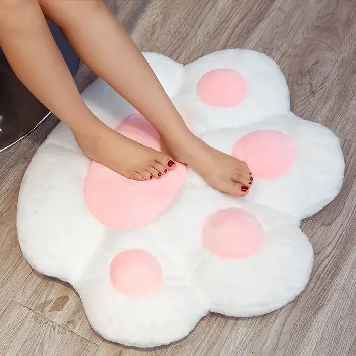 Cat paw plush floor cushion, white with pink paw print top and pads