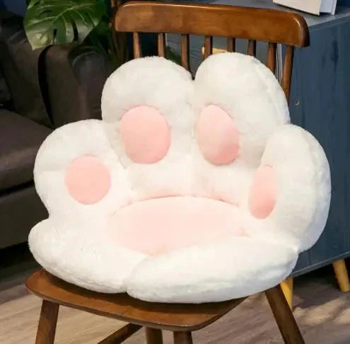Cat paw plush chair cushion, white plush with pink paw pads
