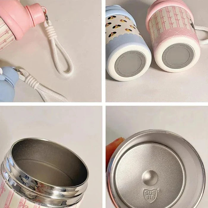 Stainless steel thermos lid and open mouth, close-up