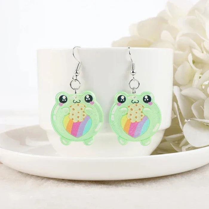 Green frog face acrylic dangle earrings with multicolor belly and cute smiles