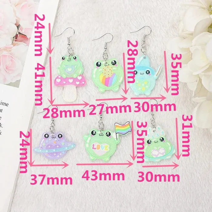 Kawaii frog acrylic earring size chart with 28–43mm measurements in pink text