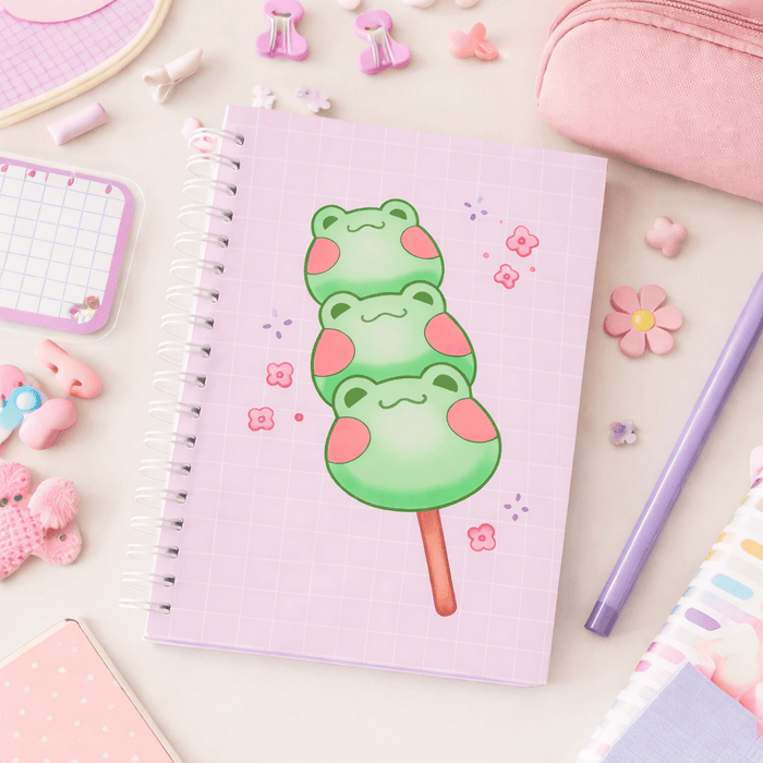 Square spiral notebook with pale purple grid cover and green frog dango graphic