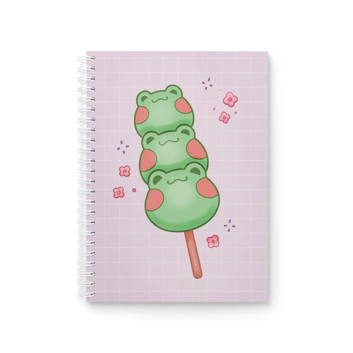 Square spiral notebook with lilac grid cover and green frog dango popsicle graphic