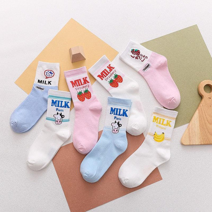 Fruit and milk crew socks set: pink, white, and light blue with strawberry and milk prints