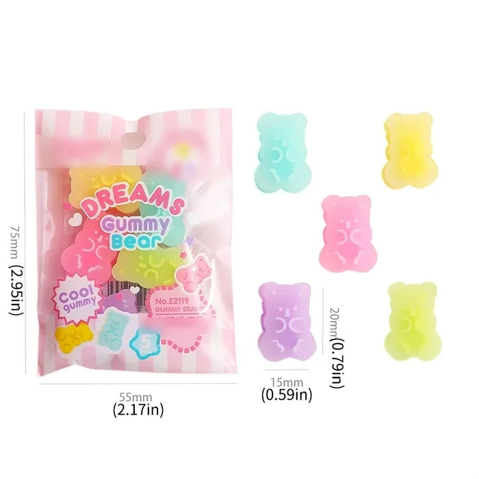 Kawaii Gummy Bear Erasers – Cute 5-Piece Bear-Shaped Rubber Eraser Set