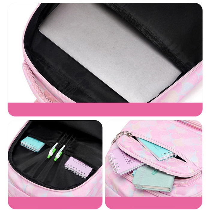 Kawaii Mermaid Backpack Set – 3-Piece Set with Backpack, Pencil Case & Lunch Bag | Mermaid Scale Design | Pink, Purple, Blue & Black
