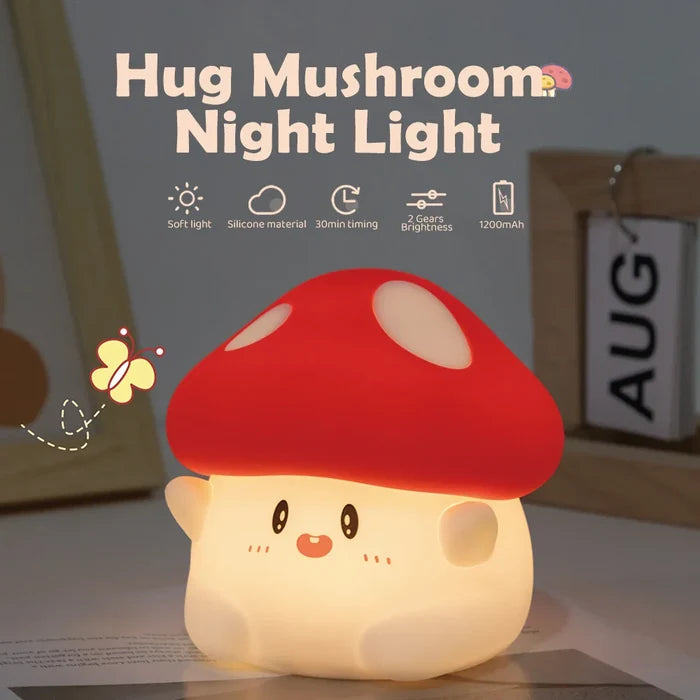 Mushroom night light with red cap and round white body, warm LED glow