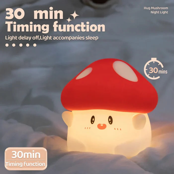 Mushroom night light with red cap and cute face, warm light glow