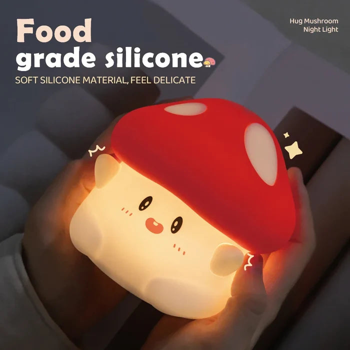 Mushroom night light with red cap, smiling face, soft warm glow in hands