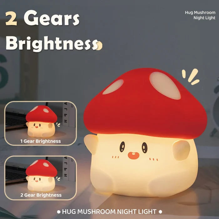 Mushroom night light with red cap and white body, bright soft glow