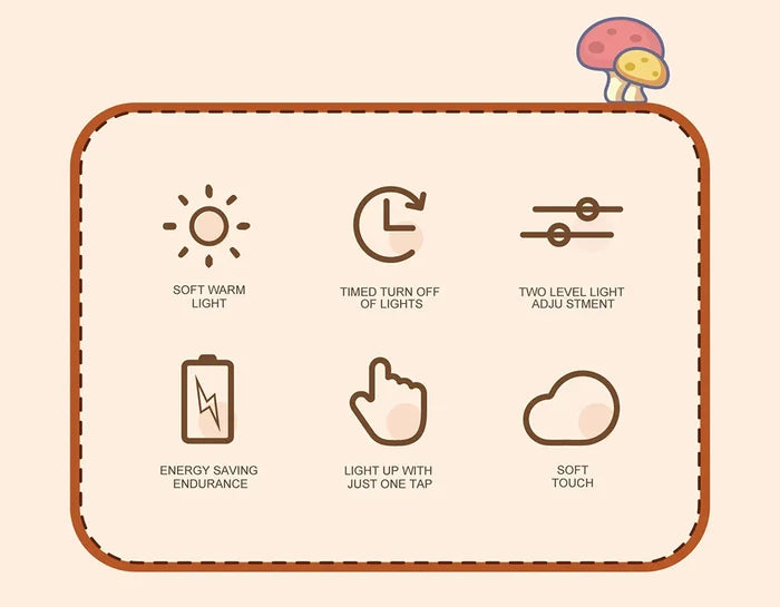 Night light feature icons panel with soft warm light and timed off symbols