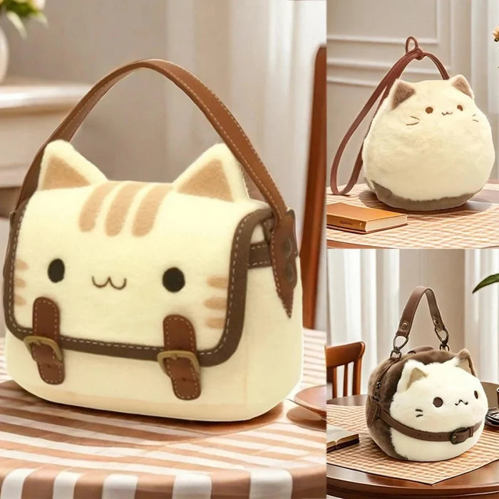 Cream cat plush handbag with brown top handle and side view, plus another cat bag.