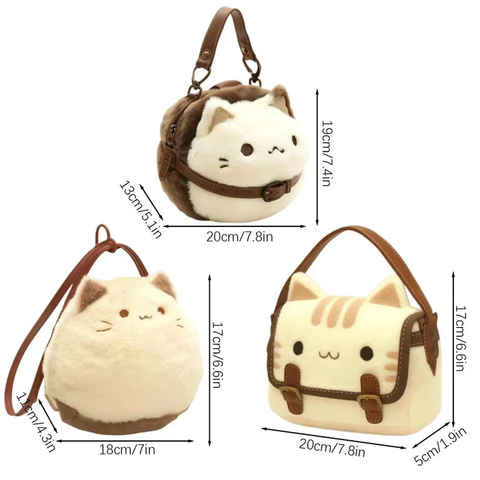 Cat plush handbag with size diagram; front, side, and handle views shown.