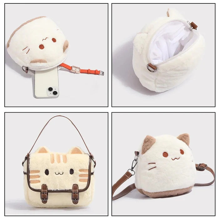 Cat plush handbag shown in multiple views, including front pocket and strap details.