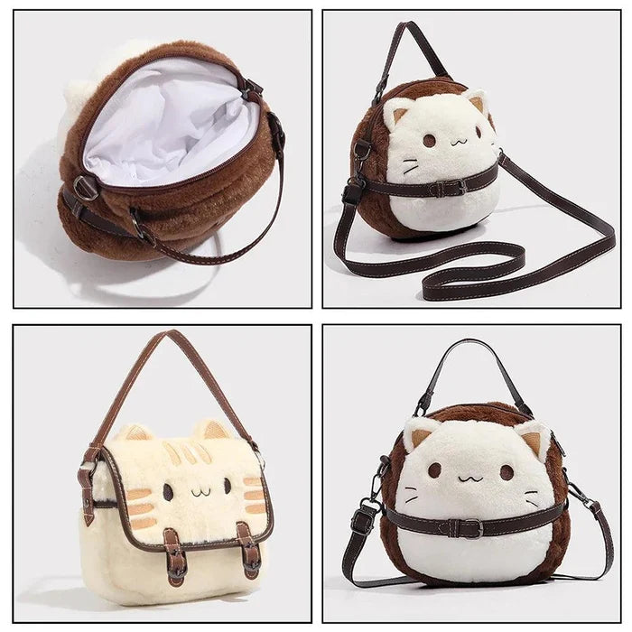 Cat plush handbag shown with open top lining and crossbody strap, from multiple angles.