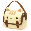 Cream cat face mini handbag close-up with brown trim and curved top handle.