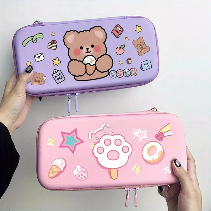 Purple hard shell gaming bag with cute bear graphic and zipper closure, wrist strap loops