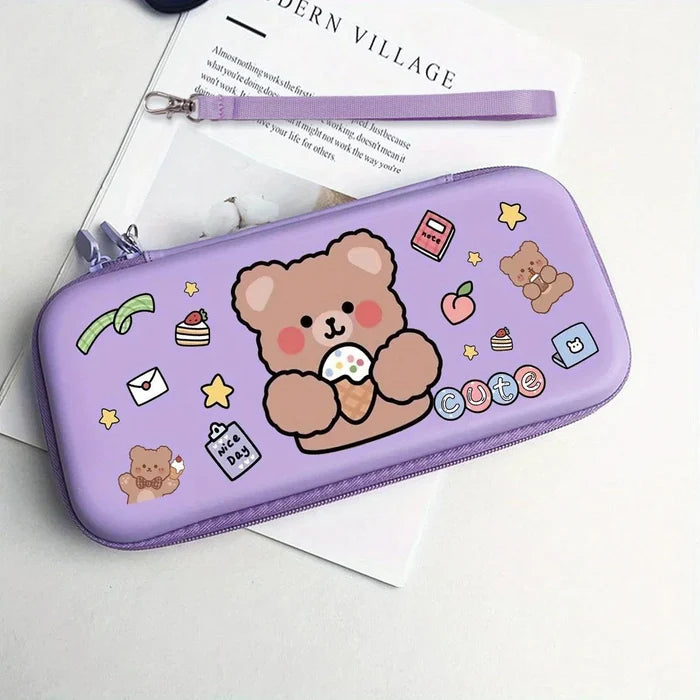 Purple hard shell gaming bag with teddy bear print and “cute” style lettering on front