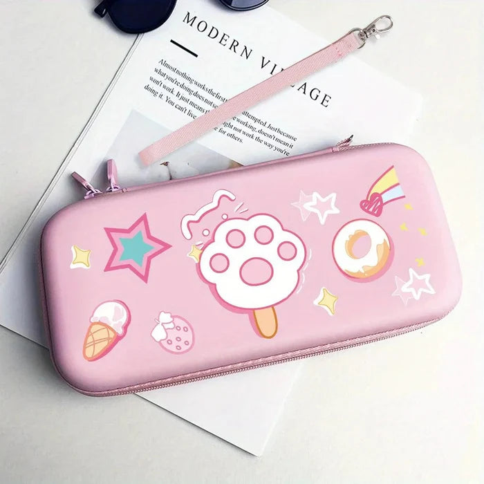 Pink hard shell gaming bag with ice-cream bear graphic, stars, and zipper closure