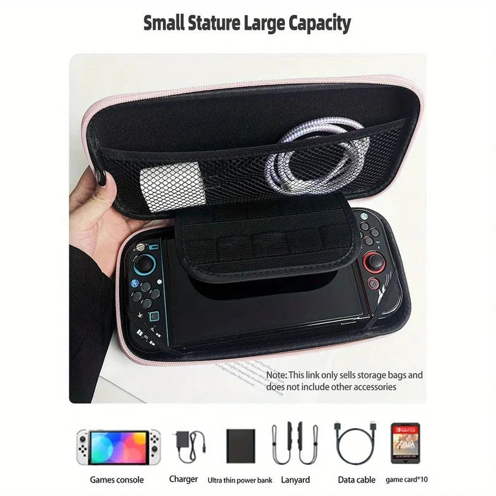 Black hard shell gaming storage bag with internal compartments and mesh divider for console