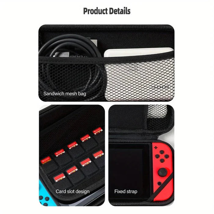 Black gaming storage case with mesh pocket, card slots, and fixed strap detail inside