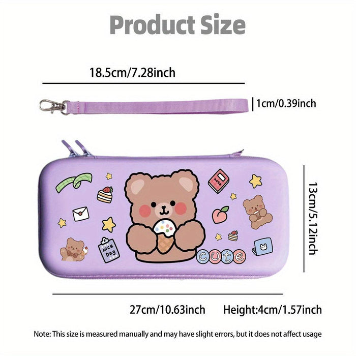 Purple hard shell gaming bag with teddy bear graphic and attached wrist strap