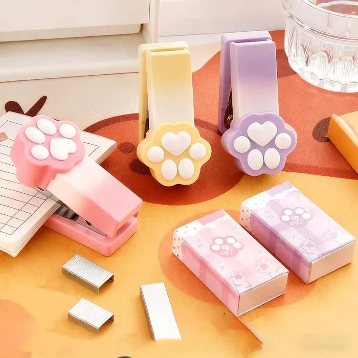 Kawaii Pastel Cat Paw Stapler – Cute Mini Stapler with Staples | Pink, Yellow & Purple