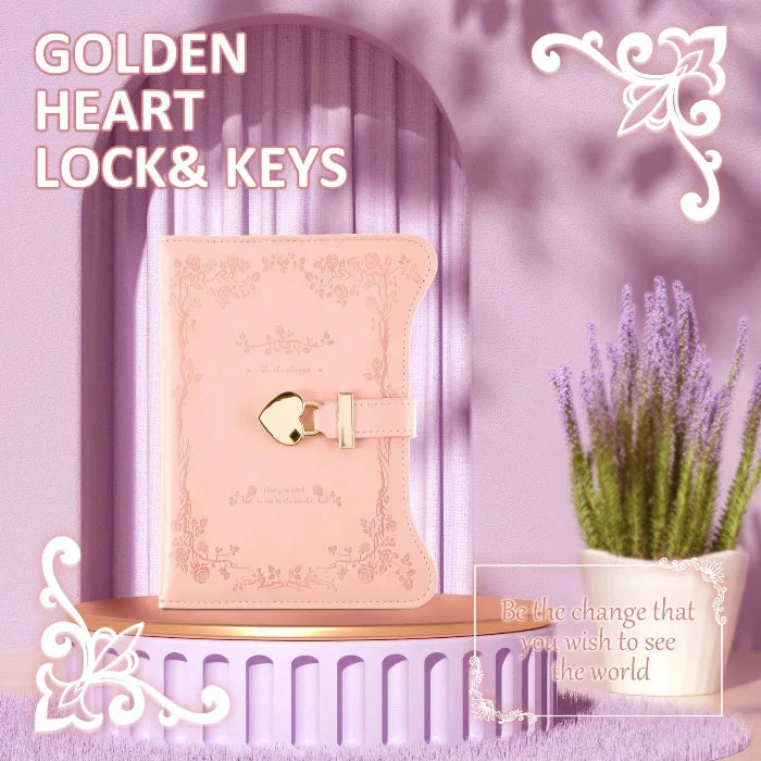 Kawaii Pastel Diary with Heart Lock – 360 Page PU Leather Locked Journal | B6 | Pink & Lilac | Cute Diary Gift