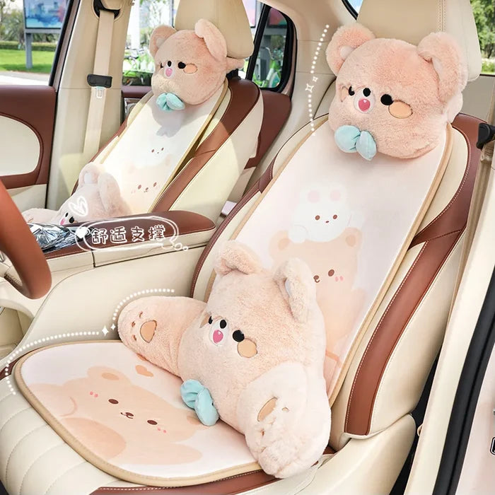 Kawaii Plush Bear Car Seat Accessories – Cute Headrest, Backrest & Pad Options
