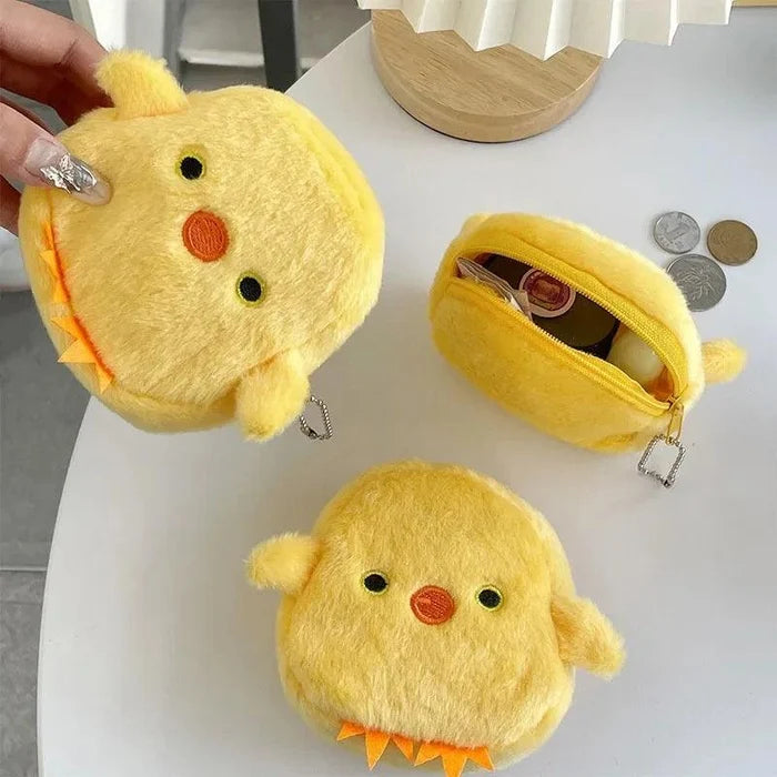 Yellow plush chick coin purse, full-face design with zipper and metal keychain ring