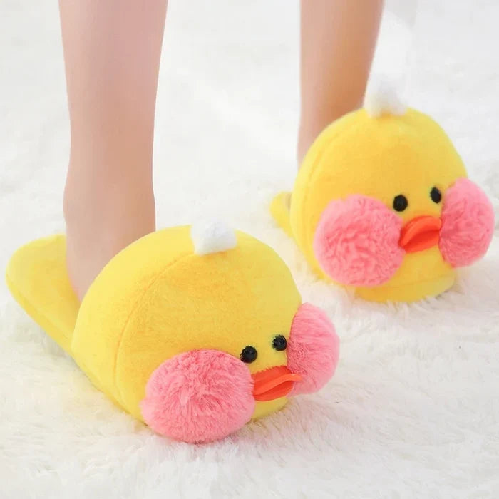 Kawaii Plush Ducky Slippers – Cute Fluffy Duck Footwear | Yellow & Pink | Sizes 36–41