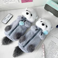 Gray and white plush otter pencil case with front zipper and small blue charm